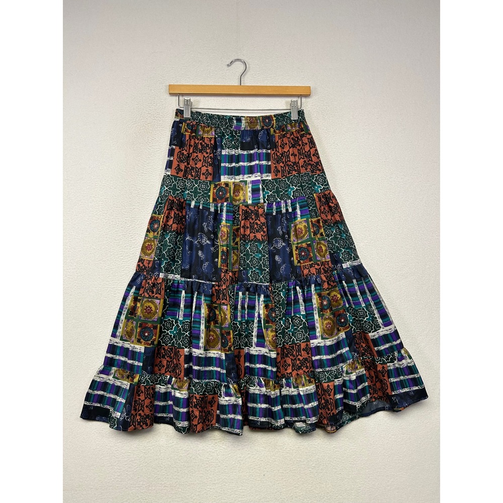 Vintage Boho Patchwork Silk Club Womens Small Multicolor Tiered Silk Maxi Skirt
